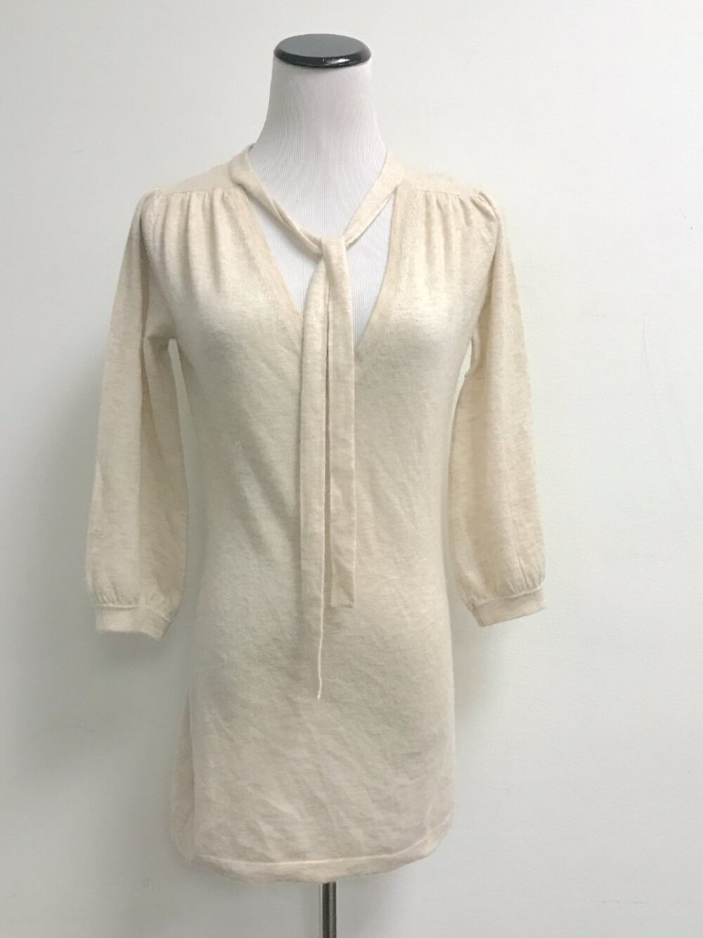 Qi Cashmere beige heather tie tunic sweater mini dress S